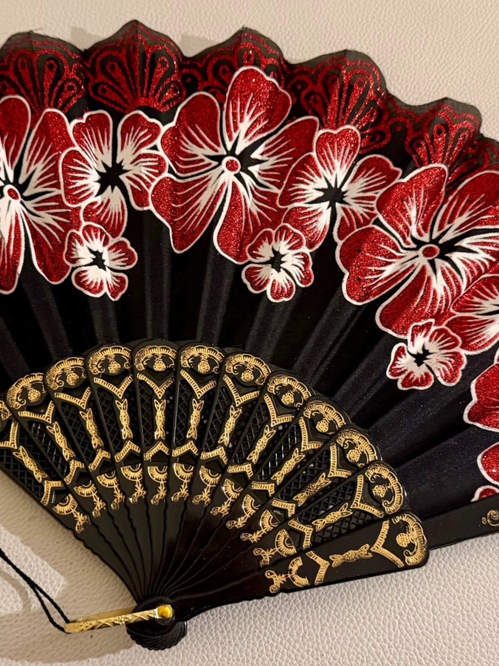 Black Red Floral Folding Hand Fan Glitter Lace Tassel Dance Festival Flamenco - Picture 15 of 16